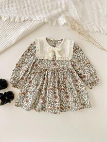 Cozy Pixies Đầm bé gái cổ Peter Pan họa tiết hoa màu tương phản, tay dài, thắt eo - Màu be - Xem 5