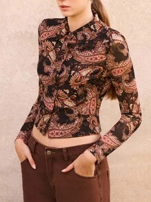lacRébo Braunes Vintage-Stil Paisley-Muster Mesh Langarm Knopfverschluss Oberteil Frühling Sommer Ausgehshirt Chic Frühling - Verschiedenfarbig - Übersicht 1