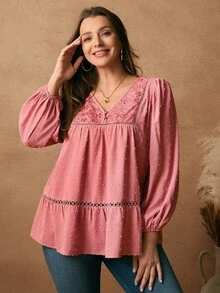 Rosumi Blusa holgada de talla grande para mujer con mangas de farol, bordado hueco y dobladillo con volantes - Rosa coral - Ver 5