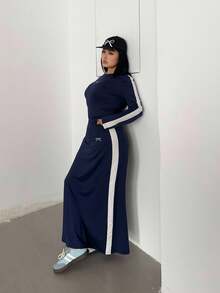 Vibekara 大码女式休闲刺绣修身两件套长袖圆领，秋冬 - 藏蓝色 - 查看 5