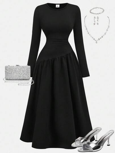 Girlism Teen Girls Ruched Waist Long Sleeve Dress, Khaki Dress With Sleeves Elegant Black Dress Black Dress Black Dress For Church/Elegant/Casual Elegant Asymmetric Neck Ruched Waist Bodycon Maxi Knit Dress, Suitable For Halloween Party, Back To School Outfit, Gatherings, Outings, Black Dress Black Dinner Girl Outfit Black Dresses Classy Elegant Dress Elegant Evening Wear Teen Dinner Outfit Fall Winter,Christmas