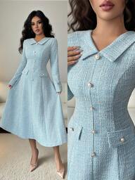 Elenzga فستان نسائي أنيق بياقة مكشكشة على شكل حرف V، بقماش ملمس بلون أزرق-أخضر، قصة A-line متوسط الطول، مع تنحيف الخصر، وزخرفة أزرار معدنية مزيّنة بخرز اللؤلؤ الاصطناعي، تصميم نخبوي مناسب للمعلمات والمناسبات