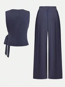 SHEIN CURVE+ 大码女式夏季休闲纯色裹身领带无袖背心和阔腿裤两件套 - 藏蓝色 - 查看 2
