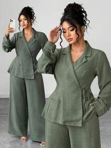 Elenzga Bộ đồ hai mảnh thanh lịch, đơn giản kiểu Pháp, cổ bẻ kiểu Tây, thắt nơ chéo, hai túi bên, quần ống đứng rộng rãi, bộ đồ hai mảnh, bộ đồ xuân/thu/đông, vải lanh dành cho nữ, bộ đồ quần dài kèm 2 món vải lanh, trang phục màu xanh ô liu cho nữ, trang phục vải lanh cỡ lớn cho nữ - màu xanh lá - Xem 5