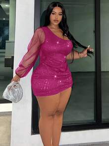 Slaydiva Slayr Plus Elegant Party Sequin & Mesh Splice Bodycon One-Shoulder Plus Size Mini Dress/Fall/Winter - Hot Pink - View 3
