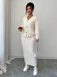Elenzga 女士优雅 V 领开衫上衣和紧身裙 2 件套毛衣套装 - 杏色 - 查看 6