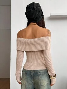 Coolane Y2K 秋冬女款法兰绒露肩毛衣 - 杏色 - 查看 6