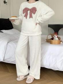 青少年女孩睡衣，1 套女孩毛绒面料蝴蝶图案半开宽松睡衣，冬季、休闲和家居 - 白色 - 查看 1