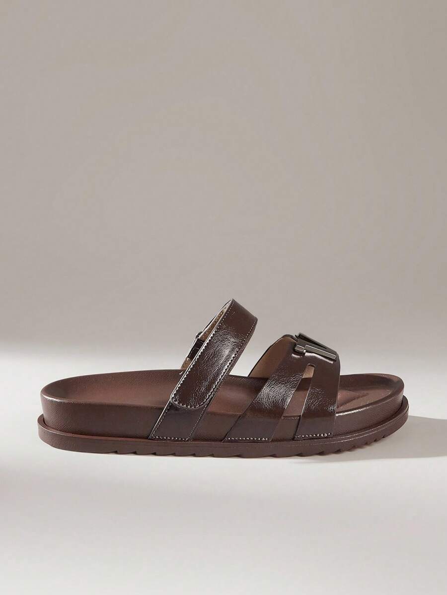 Solecia 2025 Summer New Arrival Women's Fashion H-Shape Black Rivet Platform Hook And Loop Soft Bottom Sandals, Closure, Versatile Non-Slip Open Toe Flat Sandals - Brown - View 1