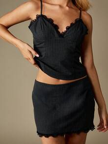 MISSGUIDED 细条纹蕾丝边套装细肩带短款上衣迷你裙两件套晚会俱乐部服装优雅夏秋时尚套装 - 深灰色 - 查看 4