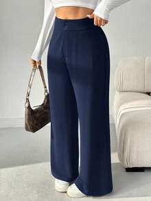 SHEIN EZwear 加大码蓝色休闲高腰直筒裤女式阔腿裤海军蓝裤子 - 藍色 - 查看 2