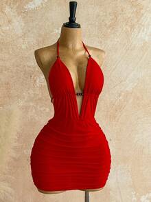 Soleia Váy ngắn hở lưng buộc dây cổ chữ V sâu gợi cảm dành cho nữ, dáng ôm sát, thích hợp cho tiệc tùng, hẹn hò, trà chiều, kỳ nghỉ hè trên bãi biển gợi cảm và thời trang - Đỏ - Xem 5