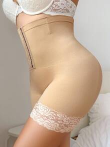 SHEIN Plus Size Women Shapewear Bottoms, High Waist Tummy Control Butt Lifter Shapewear With Lace Trim Zipper - Apricot - View 7