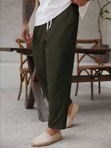 ResortEase Plus Size Men's Casual Versatile Solid Color Drawstring Waist Linen Pants, Fall - Green - View 5