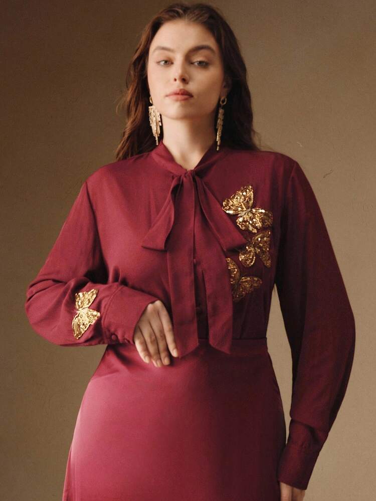 Plus Size Women's Fashionable High-End Casual Beaded Butterfly Pattern Long Sleeve Blouse