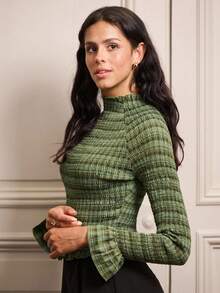 lacRébo Herbst grün karierter geraffter figurbetonter Oberteil mit Rüschenärmeln und -saum, Herbst-/Winterkleidung für Frauen