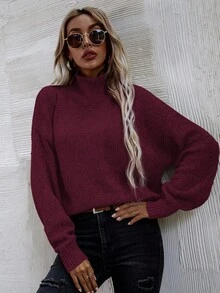 EMERY ROSE Áo len chui đầu dài tay cổ cao vai trễ màu trơn cho nữ, mùa thu - Màu Đỏ Sâu - Xem 5