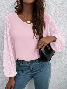 EMERY ROSE Women's Pink Simple Long Sleeve Shirt, Everyday Wear - Pink - View 5