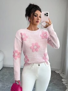 Elenzga 女士手工钩编珍珠装饰休闲甜美套头衫，秋冬 - 粉色 - 查看 6