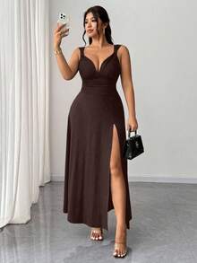 Elenzga 大码女式纯色扭结V领高开衩高弹力针织派对鸡尾酒会百搭时尚2025新款连衣裙 - 棕色 - 查看 3