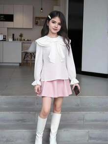 SHEIN Tween 女童纯色海军蓝圆领长袖可爱衬衫 - 白色 - 查看 4