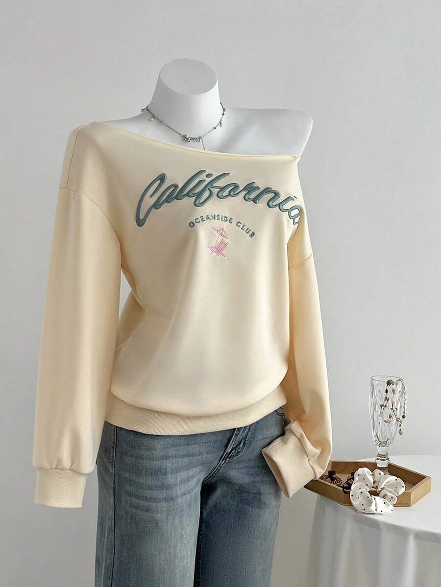 Elamini 女士不对称领字母刺绣宽松休闲运动衫，适合秋冬季 Y2K - 杏色 - 查看 1