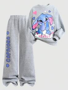 SHEIN 青少年女孩宽松休闲罗纹印花长袖连帽衫和运动裤套装 - 灰色 - 查看 12