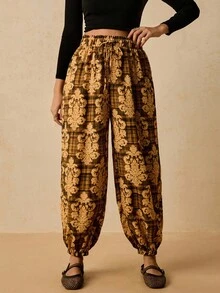 Travachic 大码女式波西米亚花卉印花抽绳踝长裤，秋季休闲度假装 - 棕色 - 查看 4