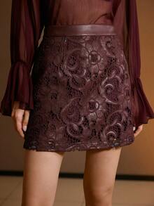 MOTF PREMIUM PU LEATHER EMBROIDERY LASER CUT SKIRT FOR AUTUMN & WINTER - Coffee Brown - View 4