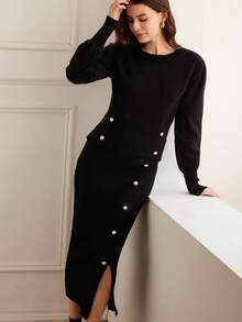 Chiquease 2pcs Set: Crew Neck Pullover Sweater With Button Decor & Midi Skirt - Black - View 5