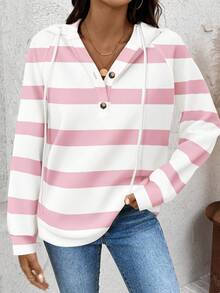 SHEIN LUNE 女士休闲条纹针织连帽卫衣，适合秋冬季节穿着，女士条纹套头衫，可爱上衣，条纹连帽衫，休闲连帽衫，女士休闲卫衣 - 粉色 - 查看 3
