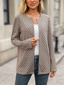 SHEIN LUNE 女士全印花长袖开襟休闲外套，秋冬万圣节服装 - 卡其色 - 查看 5