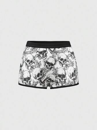 Women's Elastic Waist Gothic Skull & Floral Print Boyshort Panties