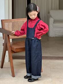 DAZY 年轻女孩休闲水洗宽松牛仔背带裤秋冬 - 藍色 - 查看 3