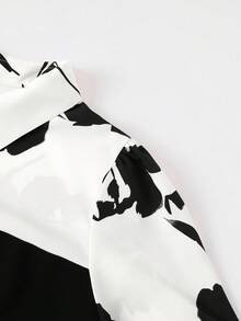 SHEIN Clasi 2件套女士夏季休闲花卉印花纽扣前衬衫和裤子套装 - 黑與白 - 查看 6