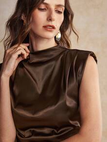 House of One Mini Draped Mock Neck Solid Satin Dress With Shoulder Pads Women Summer Autumn Elegant Dress