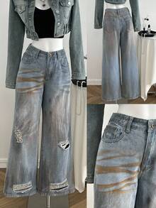 Elamini Women's Casual Straight Leg Wide Leg Button Distressed Everyday Jeans - Blue - View 1