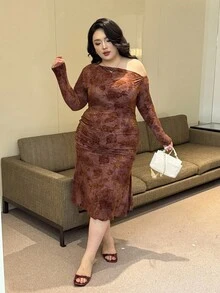 Flirla Plus Size Off Shoulder Long Sleeve Pleated Flocked Rose Elegant Split Bodycon Dress For Dates & Parties, Autumn/Winter Fall Cloth For Women