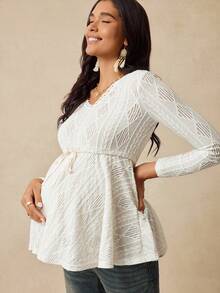 Boho Mama 孕妇几何纹理抽绳腰V领长袖T恤 - 杏色 - 查看 5