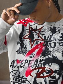 AXEPEAK Herren Lässig Pullover mit Buchstaben- und Ziffern-Muster, Rundhalsausschnitt, Langarm, Fleece, für Herbst und Winter - Weiss - Übersicht 3