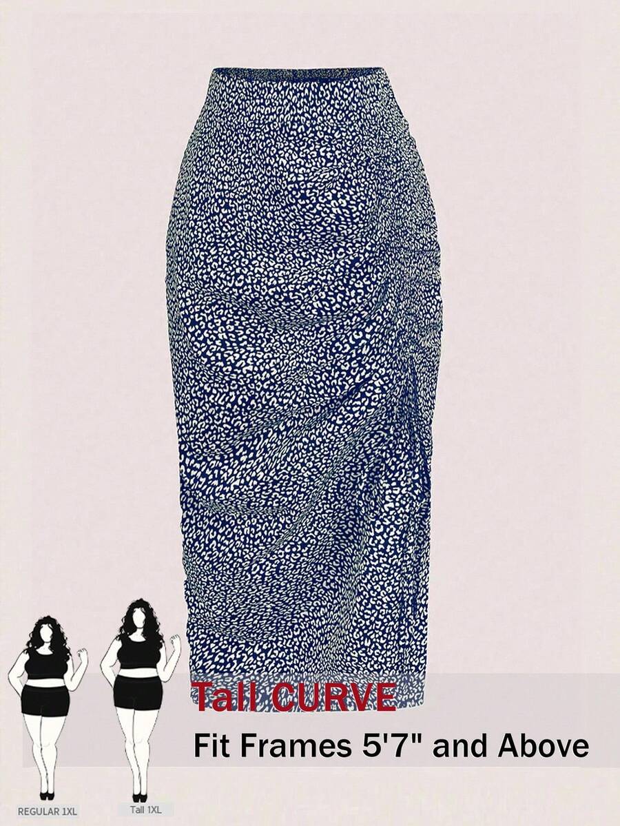 SHEIN Tall 大码休闲不对称褶饰下摆半身裙,适合度假穿着 - 藏蓝色 - 查看 1
