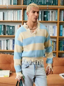 STEELVANCE 男士时尚休闲撞色条纹破洞毛衣，秋冬 - 藍白色 - 查看 3