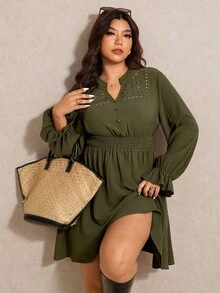 Elaquor Plus Size Women's Solid Color Hollow Shirred Long Sleeve Drawstring Waist Casual Dress