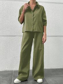 EURMUSE 女性兩件套襯衫和褲子套裝 - 軍綠色 - 查看 6