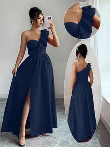 Rafferiza Fashionable New Sleeveless Ruffle Hem Slit European And American Style Women Dress Dress With Slit Navy Blue Formal Dress Dark Blue Dress Long Dress One Shoulder Dress - Royal Blue - View 1