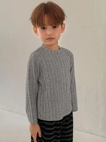 DAZY Kids Fall Clothes Young Boys Basic Turtleneck Long Sleeve T-Shirt, Casual Loose Fit Ribbed Texture, Japanese/Nature Style, Autumn - Grey - View 2