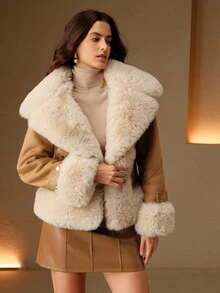 Anewsta Fashionable & Versatile Faux Rabbit Fur & Suede Composite Jacket, Autumn/Winter - Brown - View 11