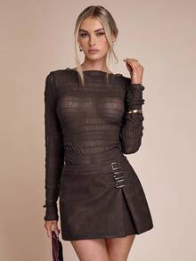 SHEIN BAE Women's PU Belt Buckle Ultra Low Waist Leather Mini Skirt Pants,Elegant Date Night Club Party Bottoms,Autumn All Shades Of Brown Winter Bottoms - Brown - View 3