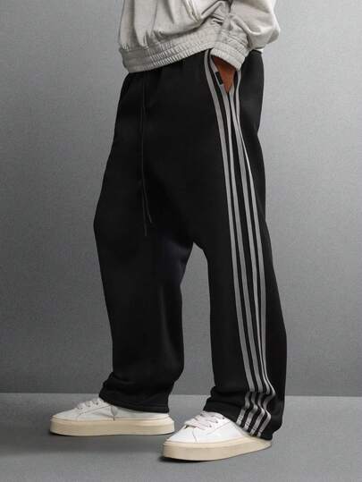 SUMWON Relaxed Fit Drop Crotch Sweatpants With Side Stripes Contrast Details Fleece Lounge Pants Elastic Waistband Casual Wear