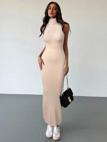 Aloruh Minimalist Commuter Young Street-Style Grey High Collar Turtleneck Sleeveless Bodycon H-Line Extra Long Women Sweater Dress,Fall - Beige - View 3